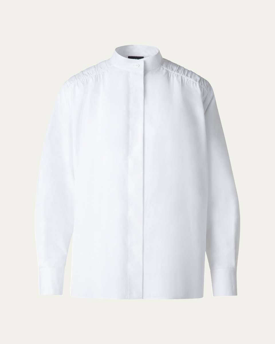 Gathered Shoulder Button Down Poplin Blouse